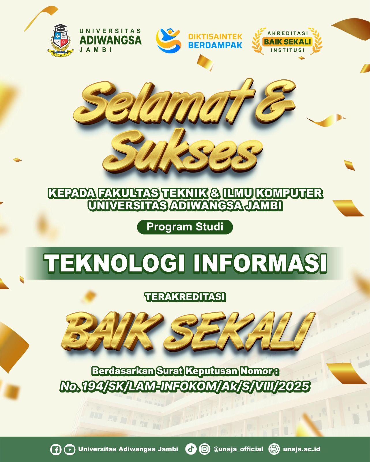 Program Studi Teknologi Informasi Universitas Adiwangsa Jambi Raih Akreditasi "BAIK SEKALI"