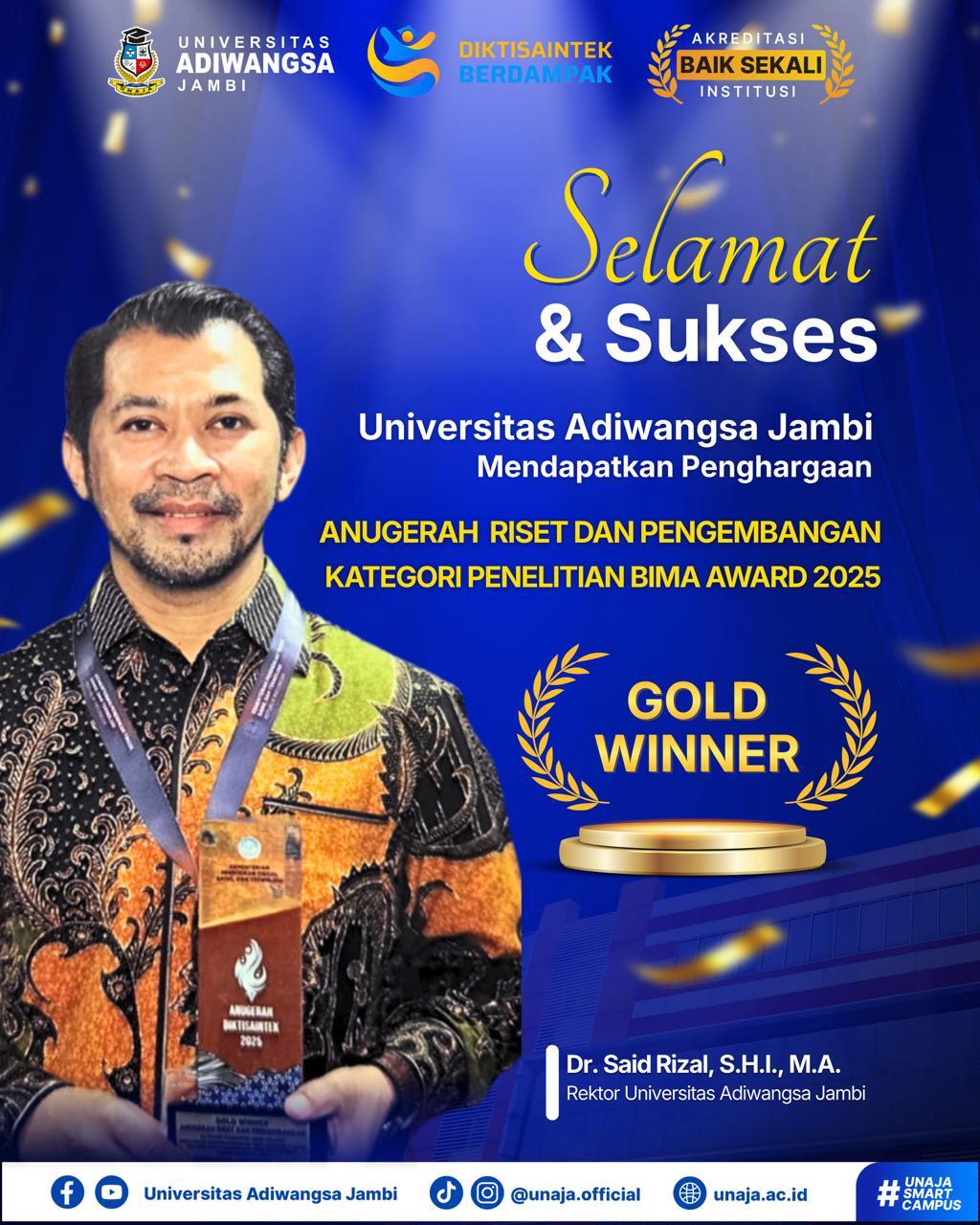 Universitas Adiwangsa Jambi Raih Gold Winner Anugerah Riset dan Pengembangan BIMA Award 2025