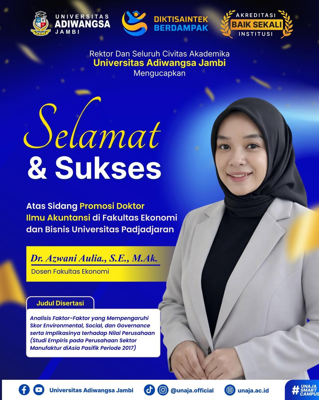 Dosen Universitas Adiwangsa Jambi Berhasil Meraih Gelar Doktor Ilmu Akuntansi di Universitas Padjadjaran