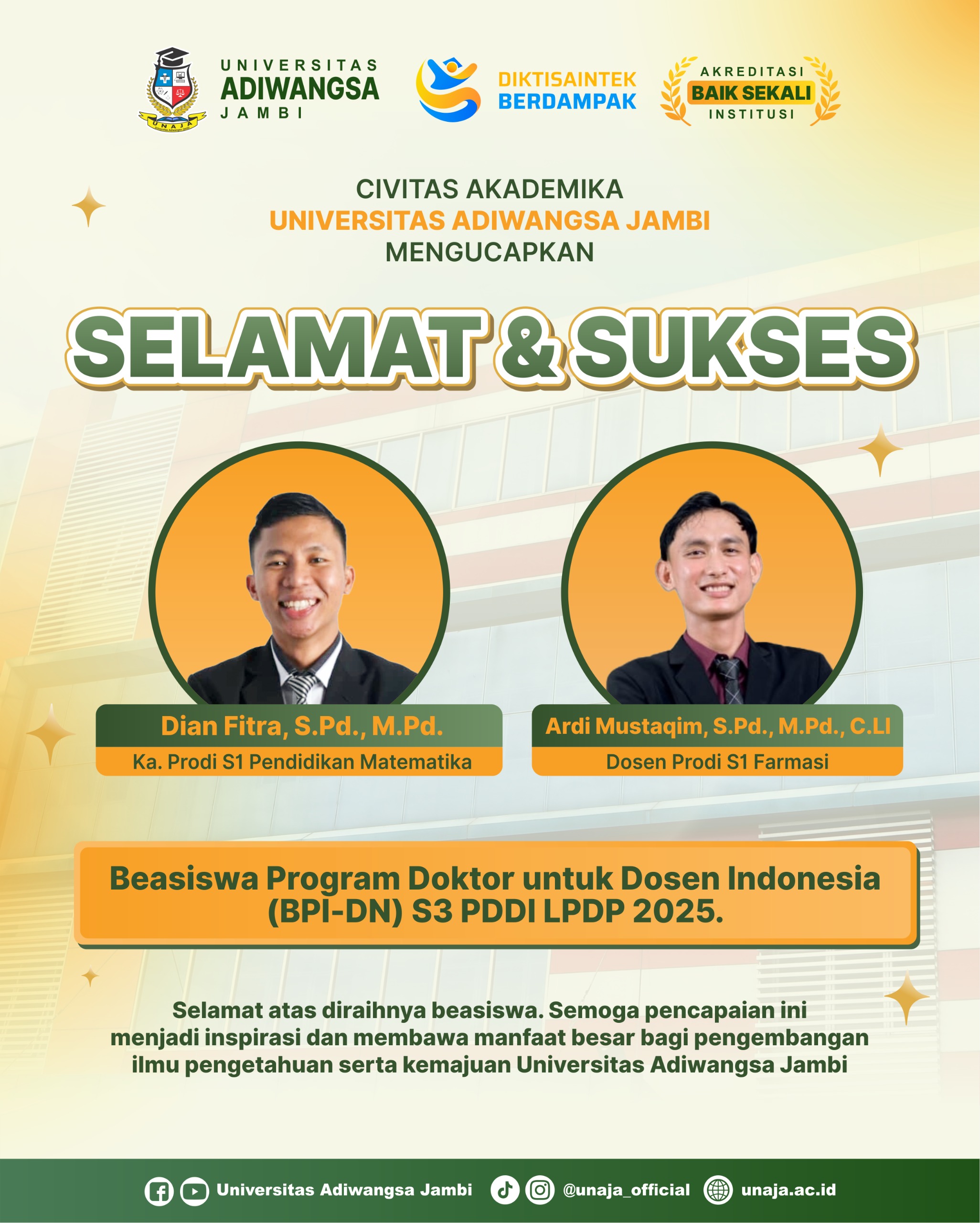 Kampus Swasta Terbaik di Jambi: Dua Dosen UNAJA Raih Beasiswa Doktor BPI-DN LPDP 2025