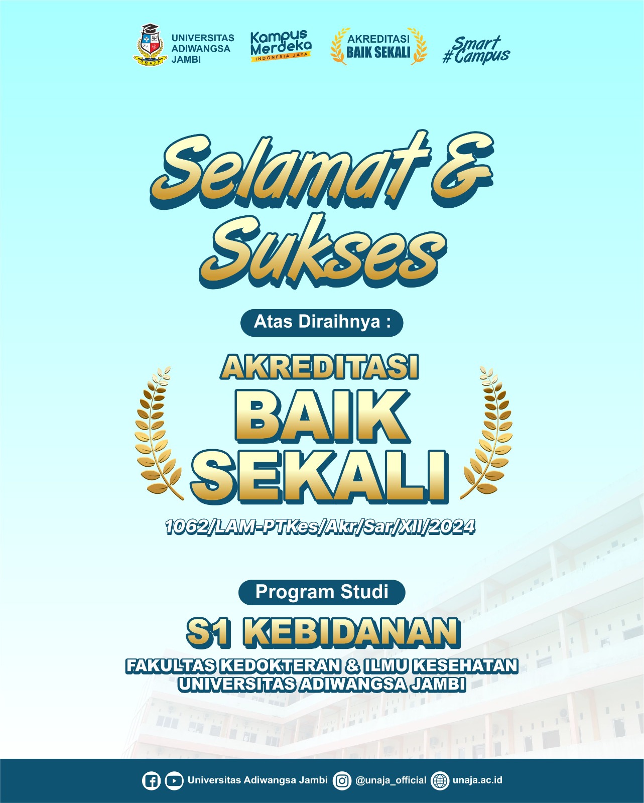 SELAMAT DAN SUKSES ATAS PENCAPAIAN AKREDITASI “BAIK SEKALI” UNTUK PROGRAM STUDI S1 KEBIDANAN UNIVERSITAS ADIWANGSA JAMBI