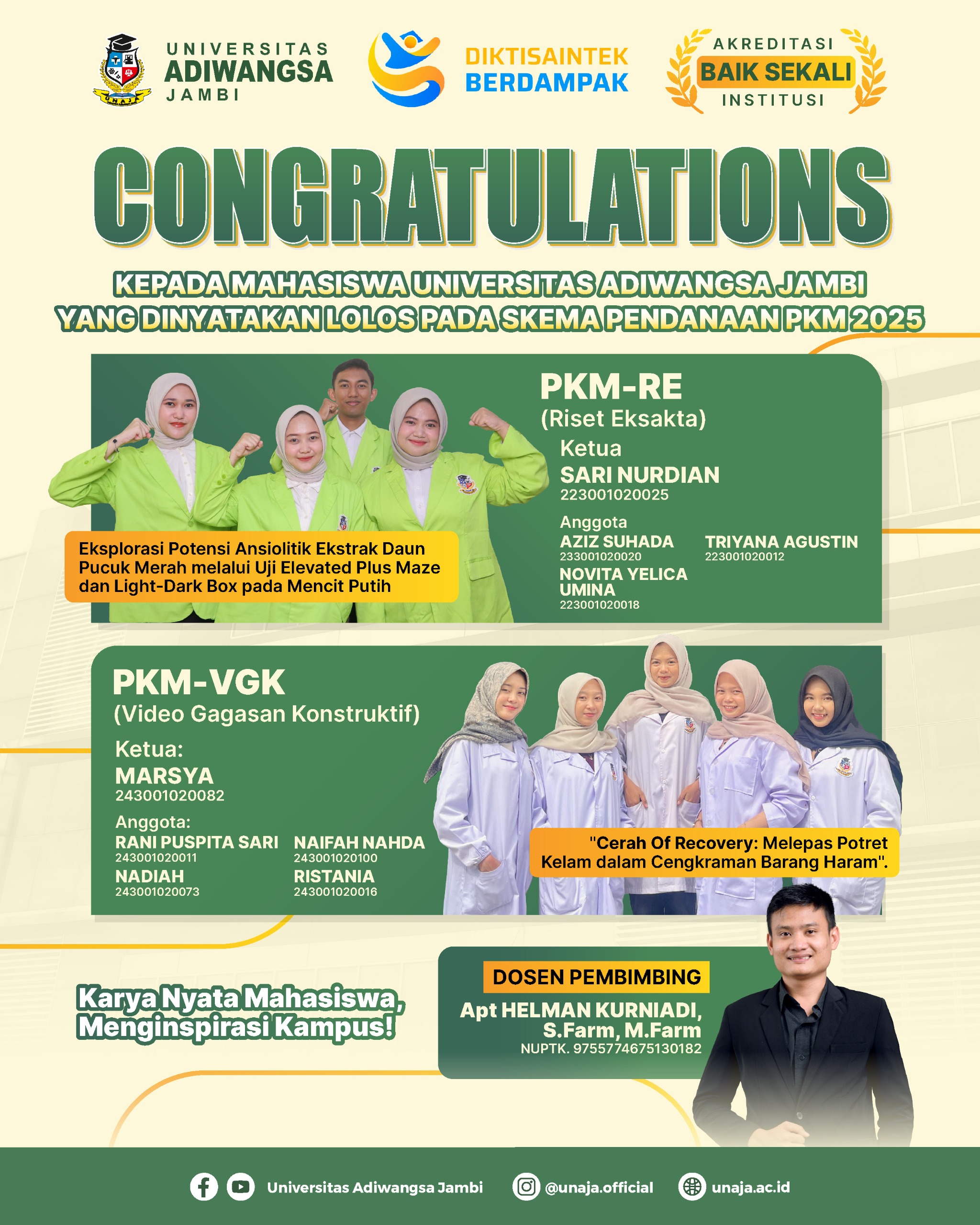 CONGRATULATION: Mahasiswa Universitas Adiwangsa Jambi Lolos Skema Pendanaan PKM 2025