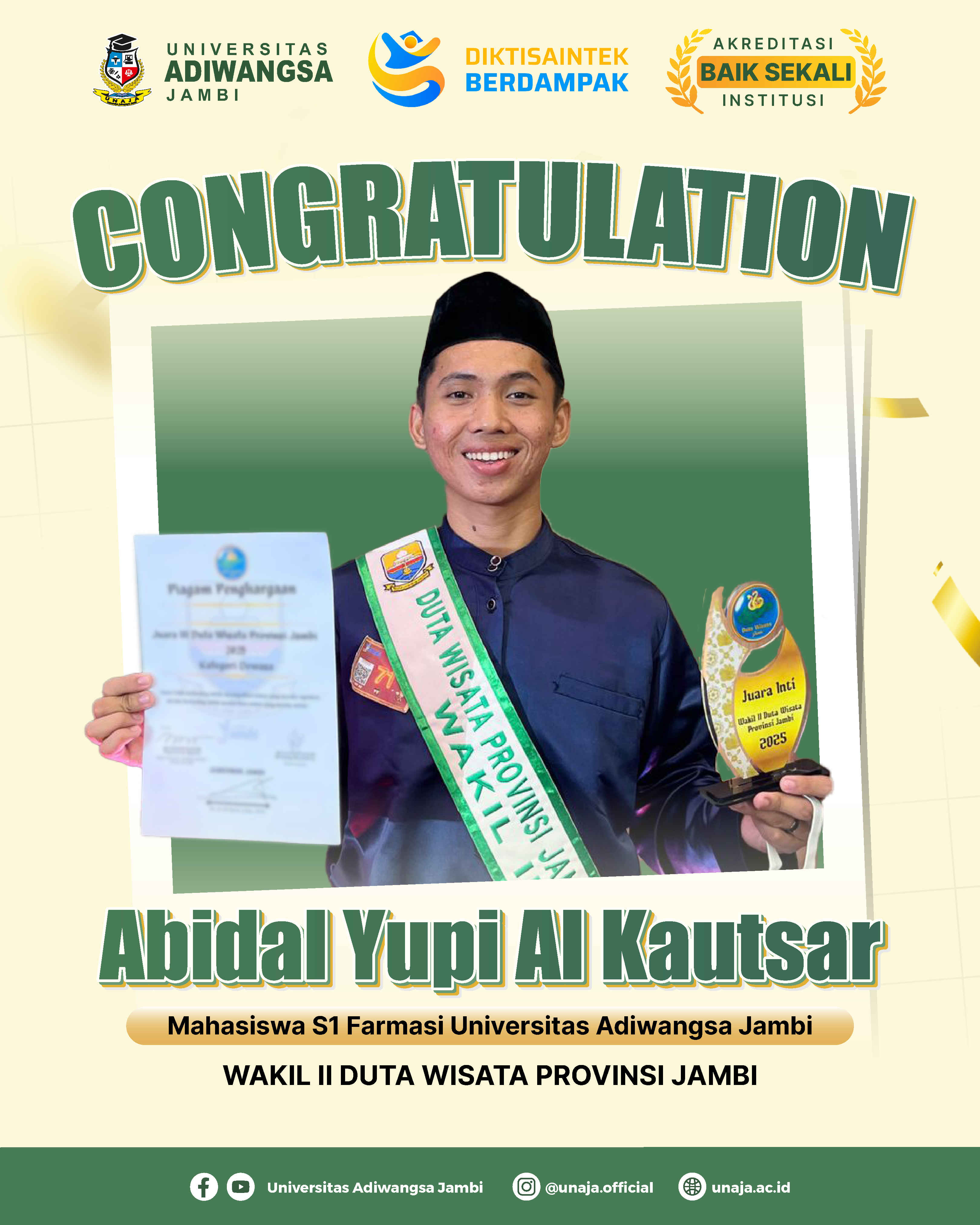 BANGGA: Mahasiswa Universitas Adiwangsa Jambi Terpilih Sebagai Wakil II Duta Wisata Provinsi Jambi