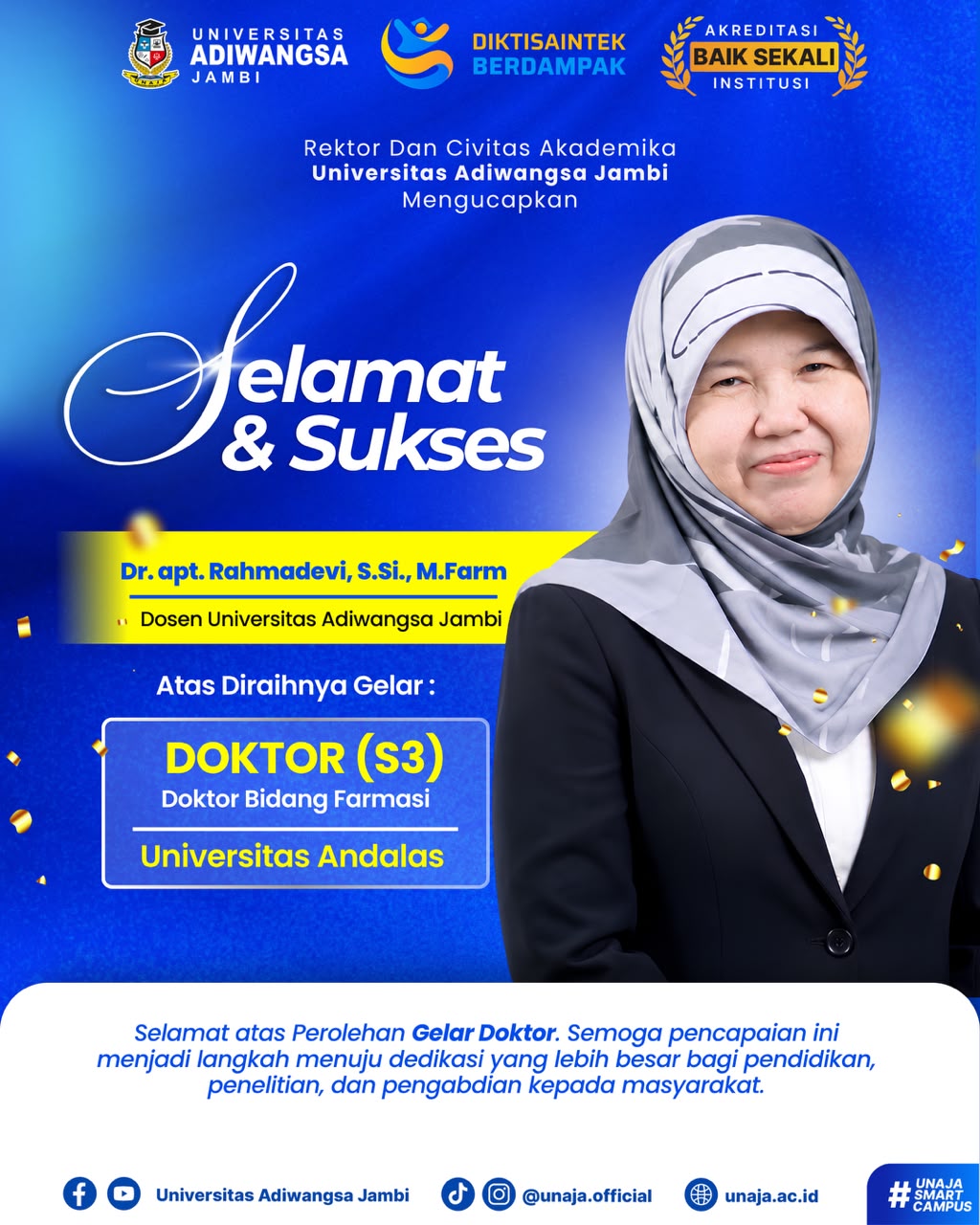 Universitas Adiwangsa Jambi Sampaikan Selamat atas Diraihnya Gelar Doktor oleh Dr. apt. Rahmadevi
