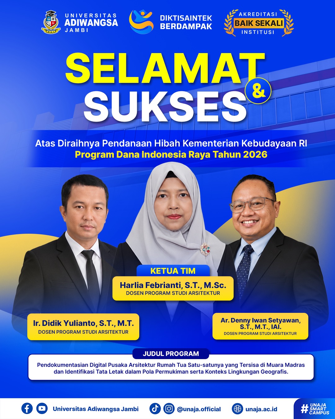 Dosen Arsitektur UNAJA Raih Hibah Program Dana Indonesia Raya Tahun 2026